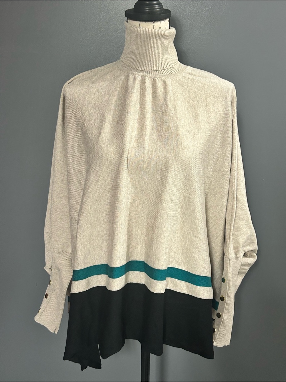 Talbots Beige Turtleneck Sweater with Teal and Black Hem